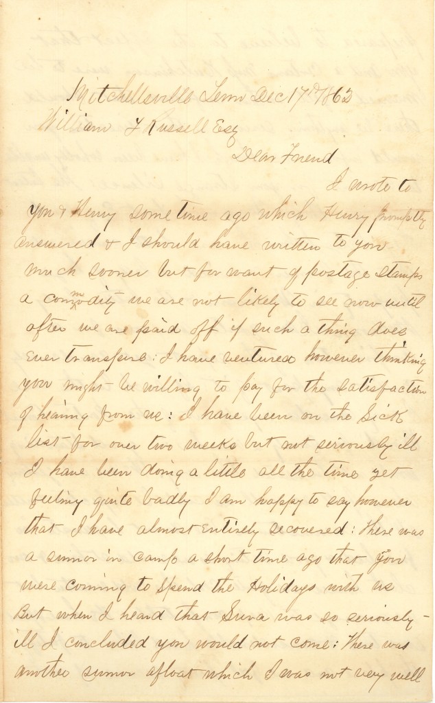 Joseph Culver Letter, December 17, 1862, Page 1