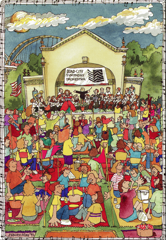 Illustrated postcard featuring a large crowd sitting on a riverbank with the Quad City Symphony Orchestra performing in front of them.