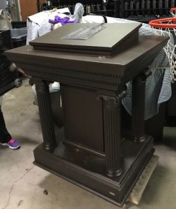 Mahogany podium used for commencement ceremonies.