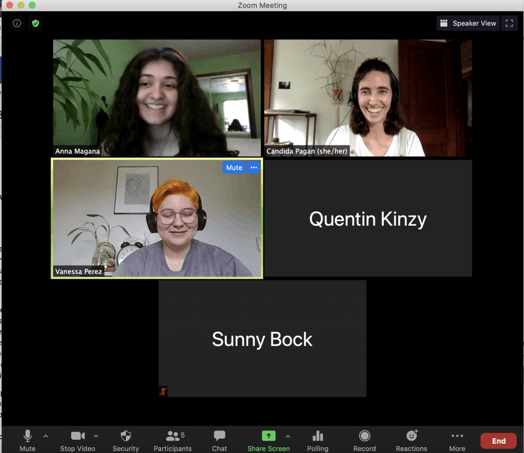 Zoom meeting window with 5 participants shown in 5 equal size boxes; 3 show a person smiling; two show names