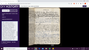 DIY History Transcription page screenshot; on left is typewritten transcribe text, on right is photograph of handwritten journal with black background