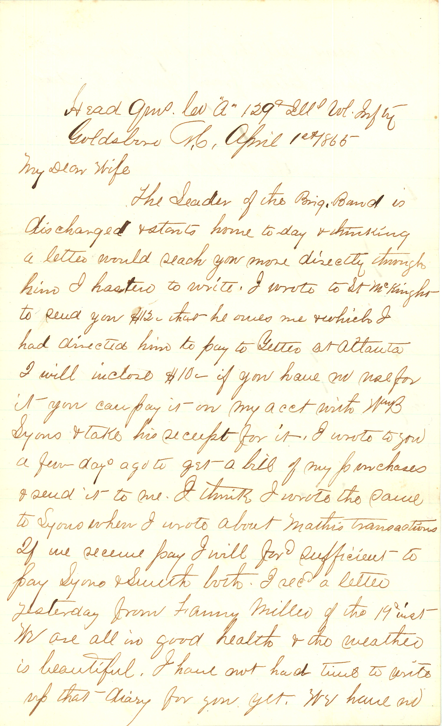 Joseph Culver Letter, April 1, 1865, Page 1