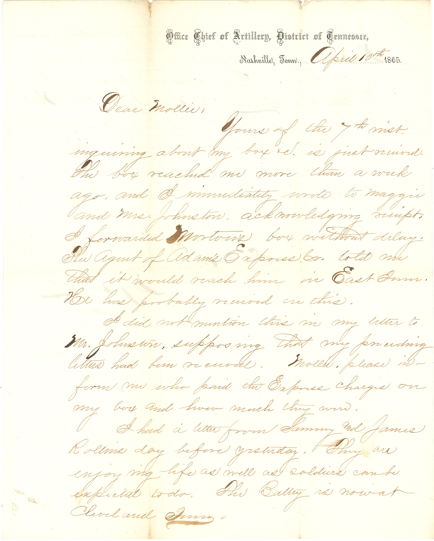 Joseph Culver Letter, April 10, 1865, Page 1