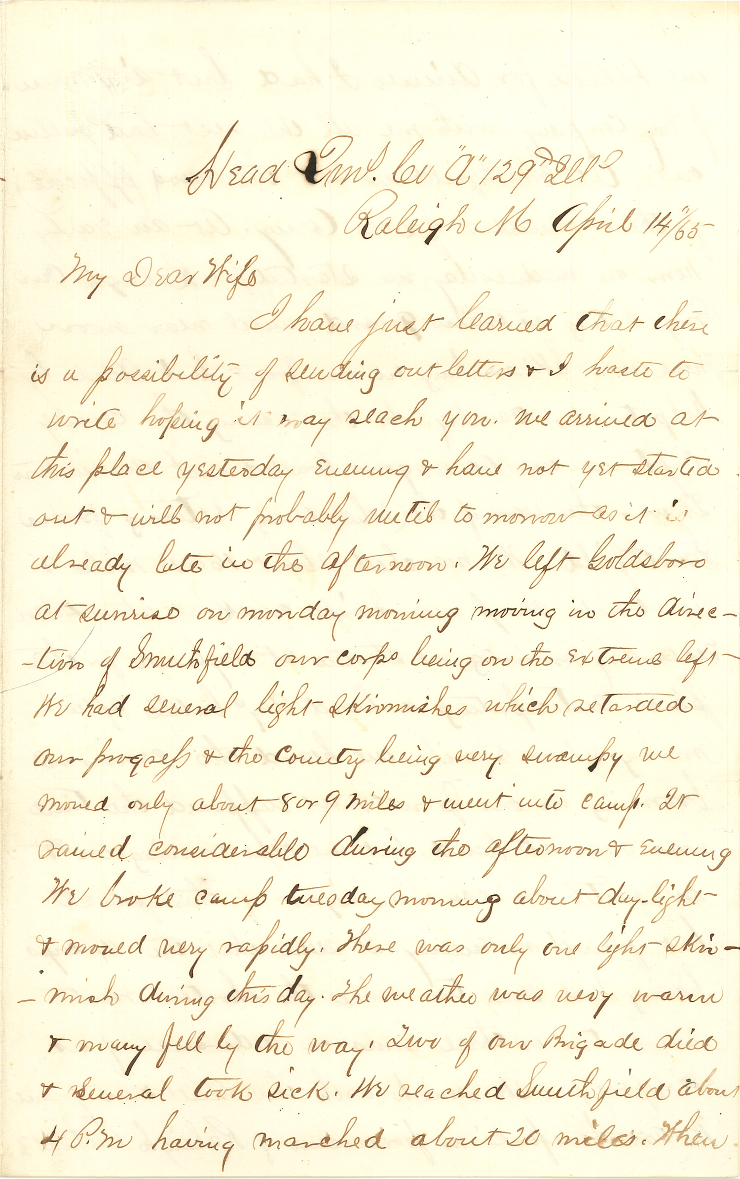Joseph Culver Letter, April 14, 1865, Page 1