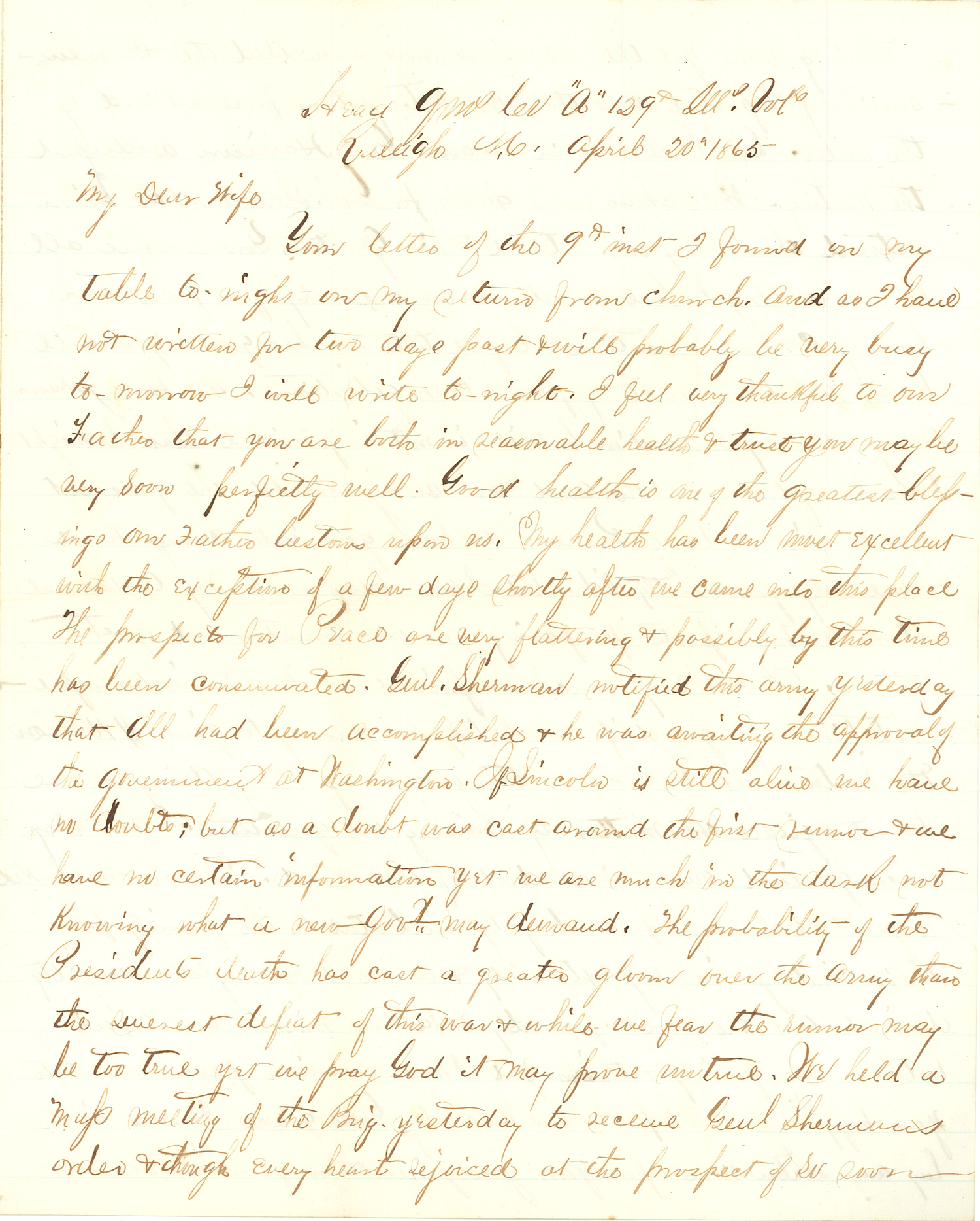 Joseph Culver Letter, April 20, 1865, Page 1