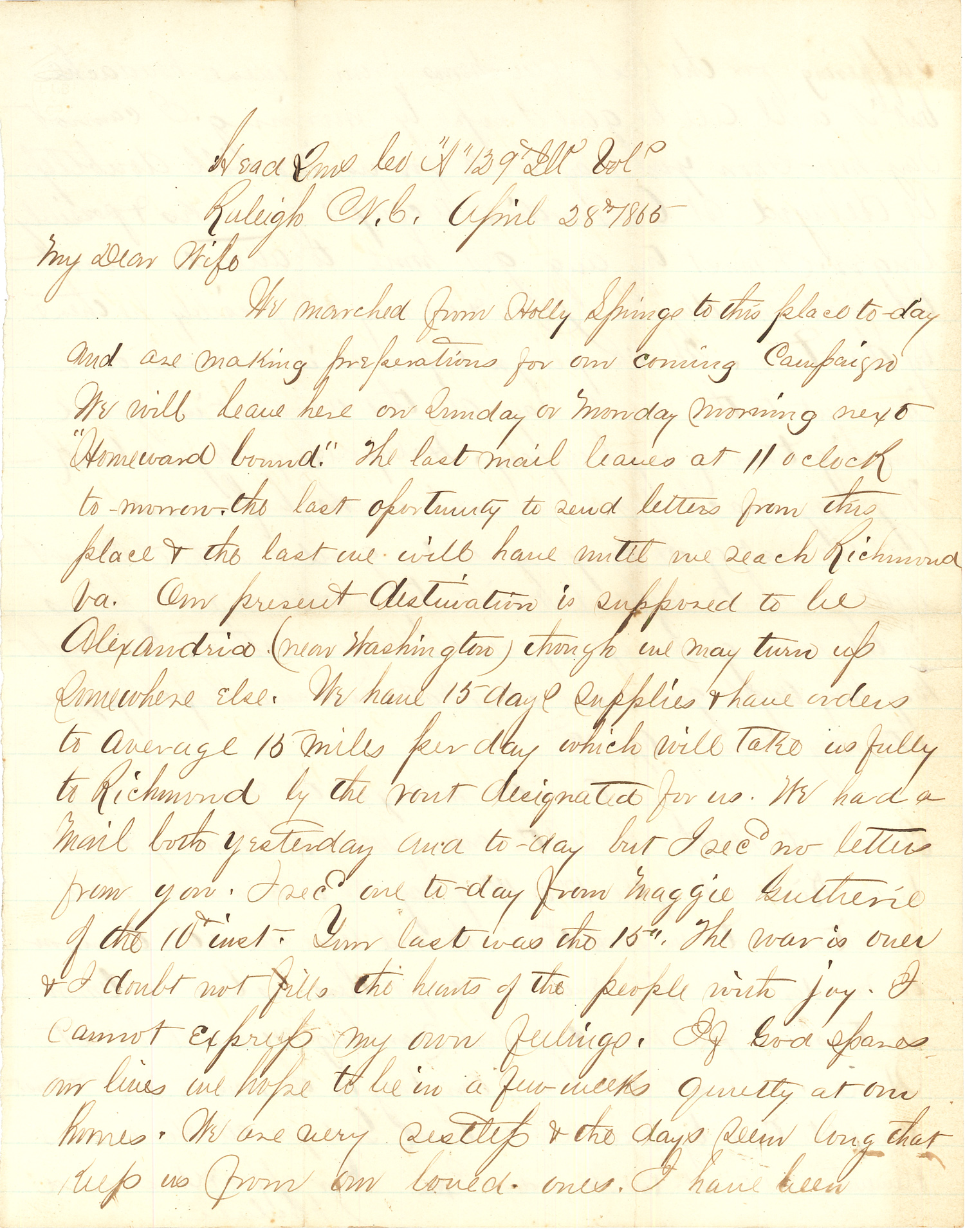 Joseph Culver Letter, April 28, 1865, Page 1