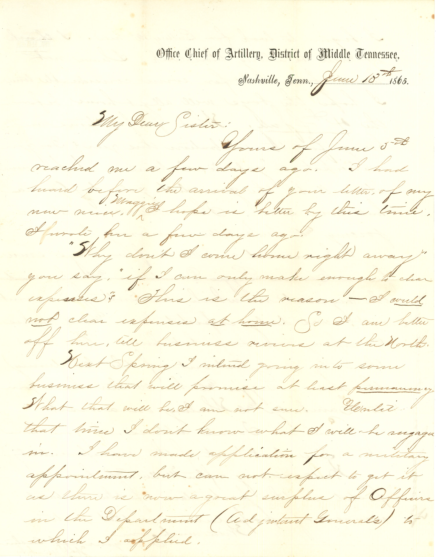 Joseph Culver Letter, June 13, 1865, Page 1
