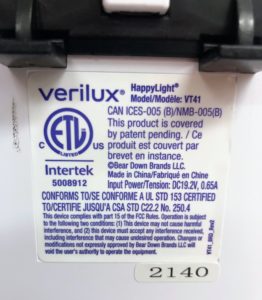 A photo of the label on the back of a HappyLight (a light used to treat Seasonal Affective Disorder). The relevant part of the label reads "This product is covered by patent pending."