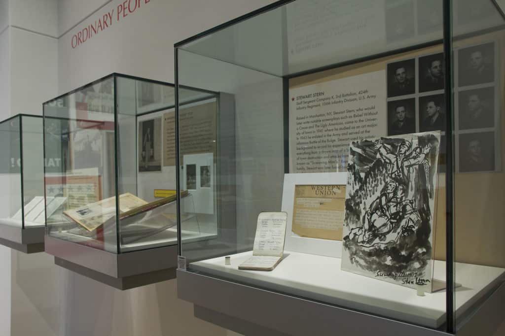 Artifacts in wall cases inside the Main Library Gallery.