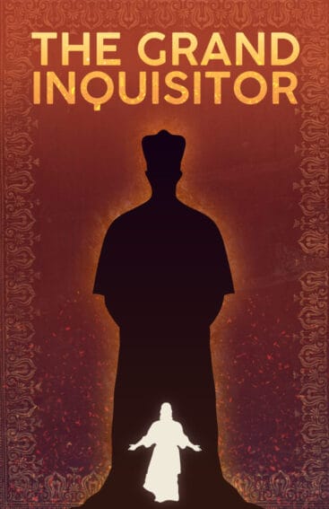 Poster for The Grand Inquisitor. A silhouette is against a red background and shows the title of the play.