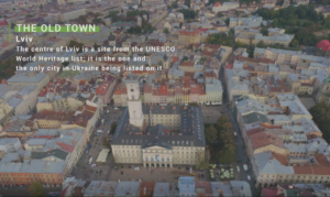 A bird's eye view of old town in Lviv with many red roofs.