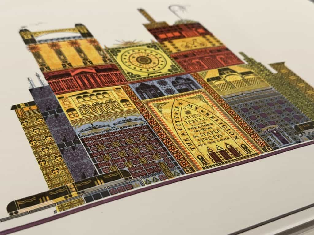 A colorful illustration of a cathedral printed using hundreds of tiny shapes and letters. It is joyful and detailed.