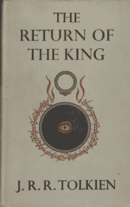 A book cover that says The Return of the King by JRR Tolkien. It features the eye of Sauron encircled by Elvish text.