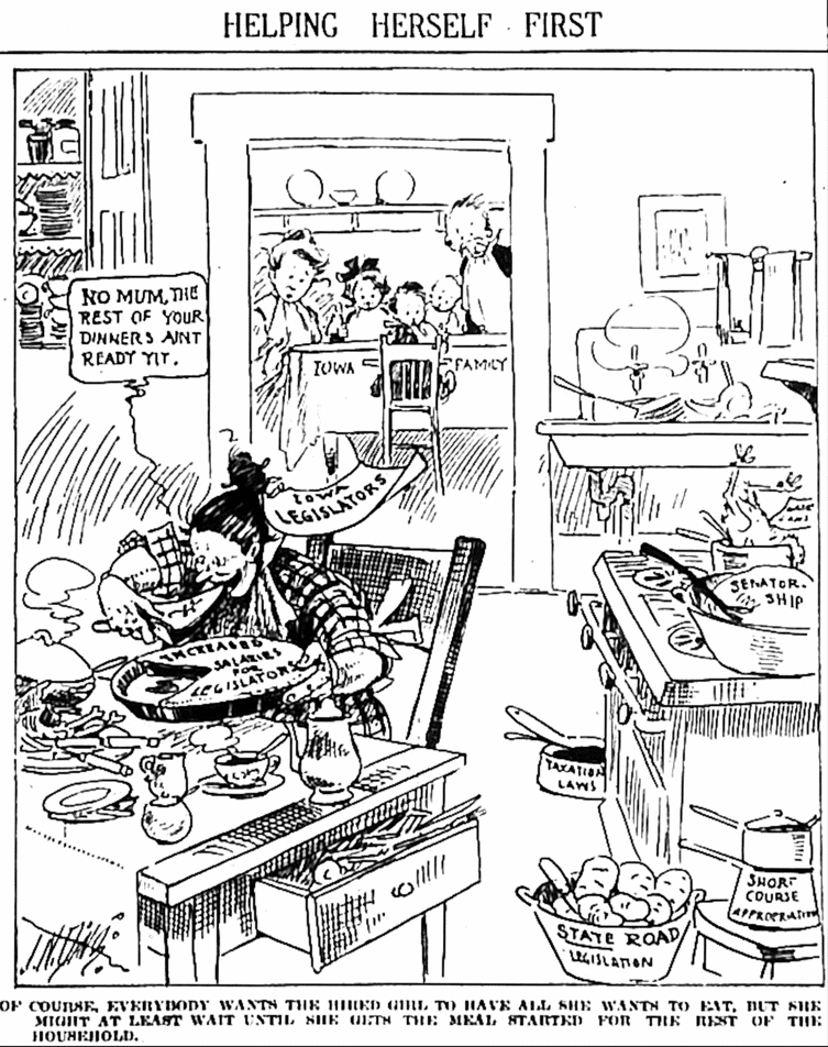 A cartoon with a family in the background waiting for dinner while the cook sits in the kitchen and eats first, representing the Iowa legislature giving themselves raises.