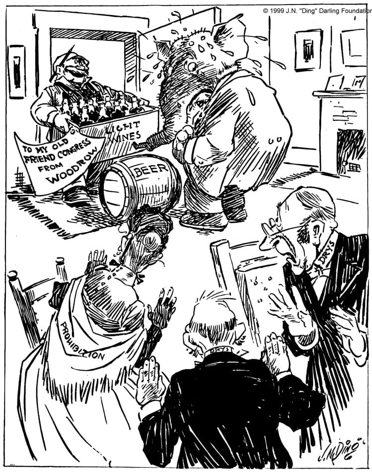 A cartoon depicting prohibitionists learning that an elephant representing Congress is accepting alcohol from politicians.