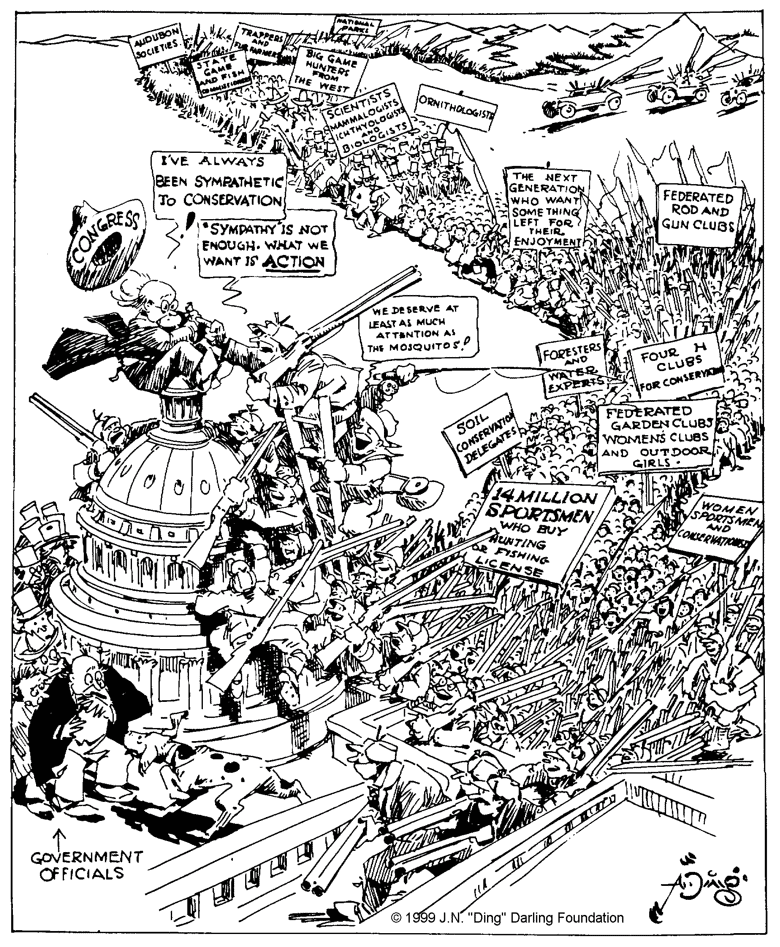 Cartoon of a huge crowd of people making their way to the US Capitol. People from various interests, like sportsmen, conservationists, and the next generation tell Congress that they want to see action when it comes to conservation.