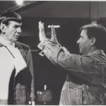 Nicholas Meyer on set with Leonard Nimoy during the shooting of Star Trek VI: The Undiscovered Country. The photo is archived in the University of Iowa Libraries' Special Collections as part of a collection donated by Nicholas Meyer.