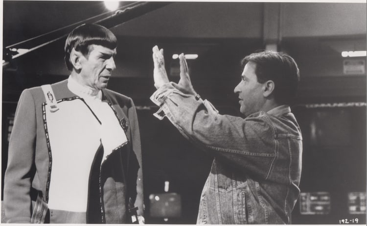 Nicholas Meyer on set with Leonard Nimoy during the shooting of Star Trek VI: The Undiscovered Country. The photo is archived in the University of Iowa Libraries' Special Collections as part of a collection donated by Nicholas Meyer.