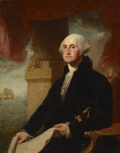 picture of George Washington, seated, with paper in his hand and a ship in the background