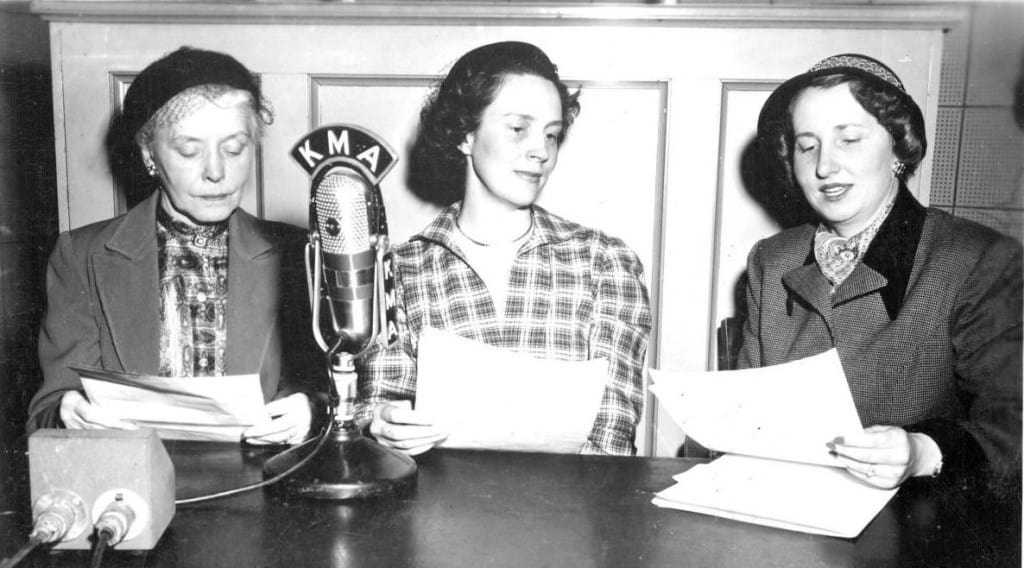 Evelyn Birkby interviewing guests on KMA radio program, Shenandoah, Iowa, March 21, 1951