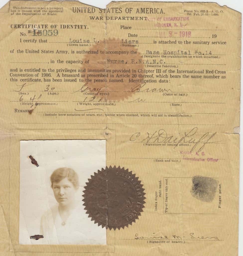 Louise Liers's war identification. Louise Liers Papers, Iowa Women's Archives, The University of Iowa Libraries, Iowa City.