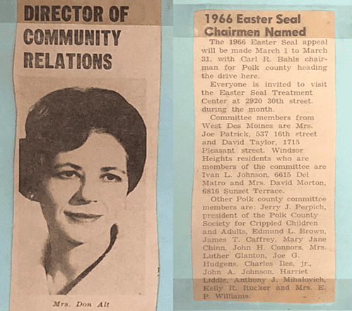 Newspaper article about Mrs. Don Alt titled "Director of Community Relations: 1966 Easter Seal Chairman Named" 