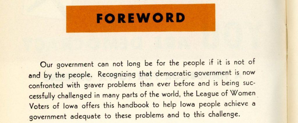 Section of the forward of a yellow booklet. The text says "Our government can not long be fore the people if it is not of and by the people." 