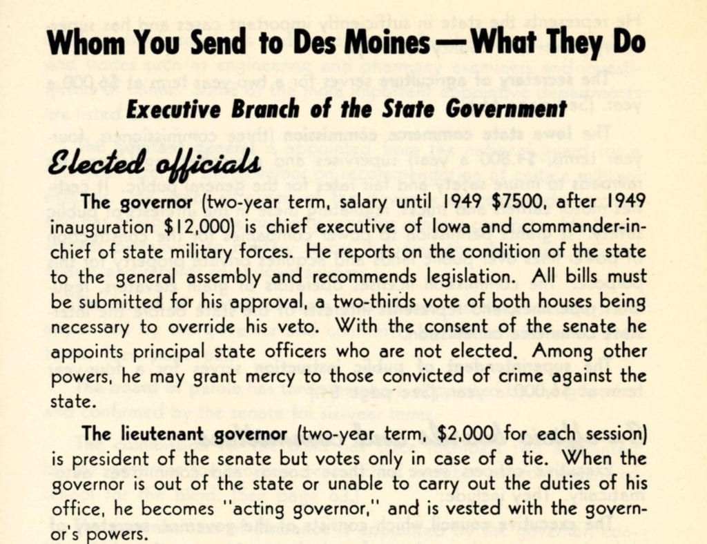 Yellowed paper with black writing headed "Whom You Send to Des Moines - What They Do" accompanied by descriptions of the offices of governor and lieutenant governor. 