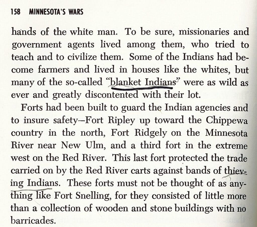 scanned page from text; underlined phrases include "blanket Indians" and "thieving Indians"