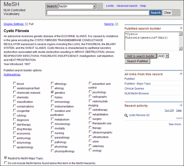 Screenshot demonstrating columns for MeSH subheadings