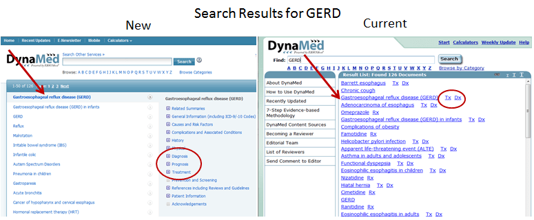 Images of Search Results in new and current DynaMed interfaces