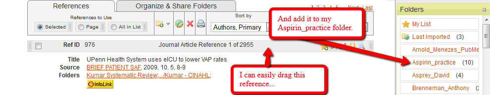 This image shows the ability to click on a citation and drag it into a folder. 