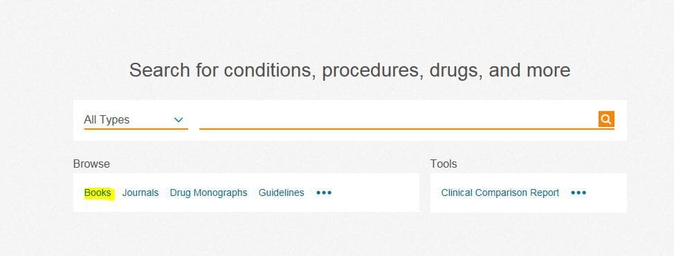 picture of search screen in ClinicalKey with the word books highlighted in yellow