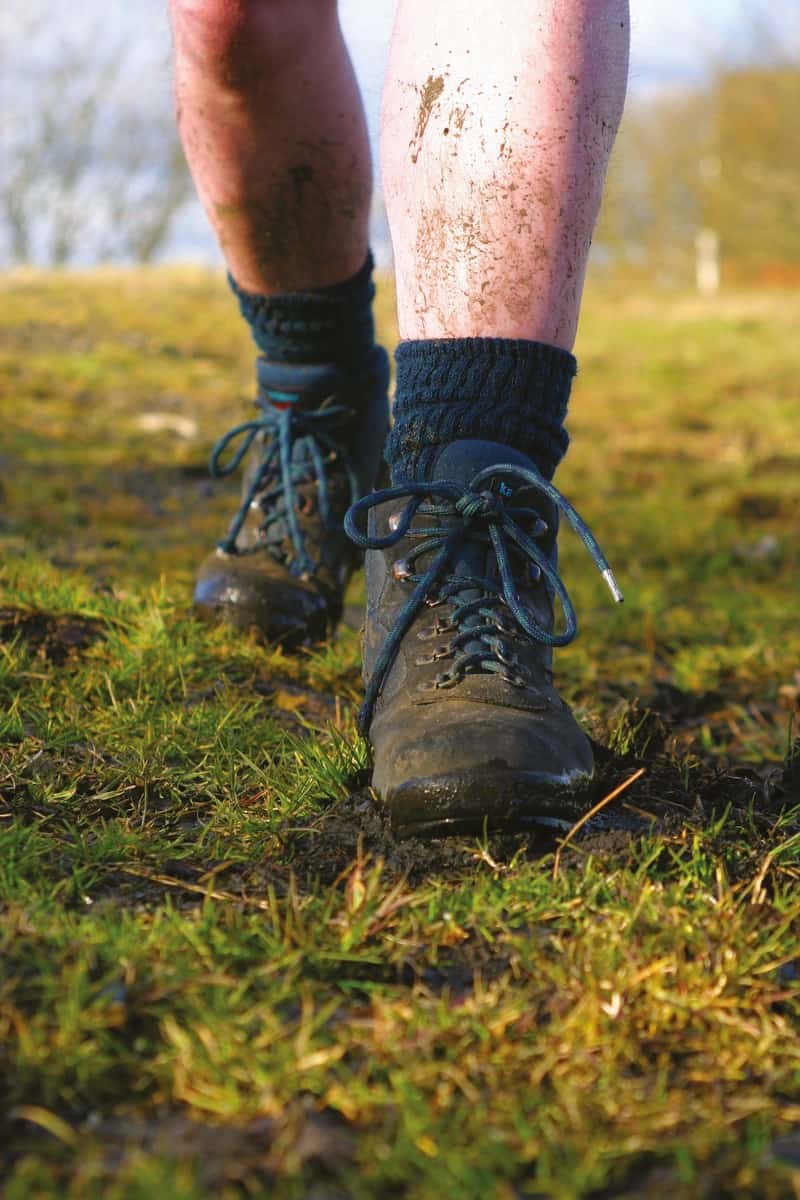 men's white legs, muddy boots