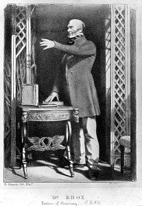 lithograph of Robert Knox lecturing with books on stand