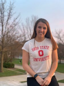 image of Carly Garcia, white woman, long hair in Ohio State shirt