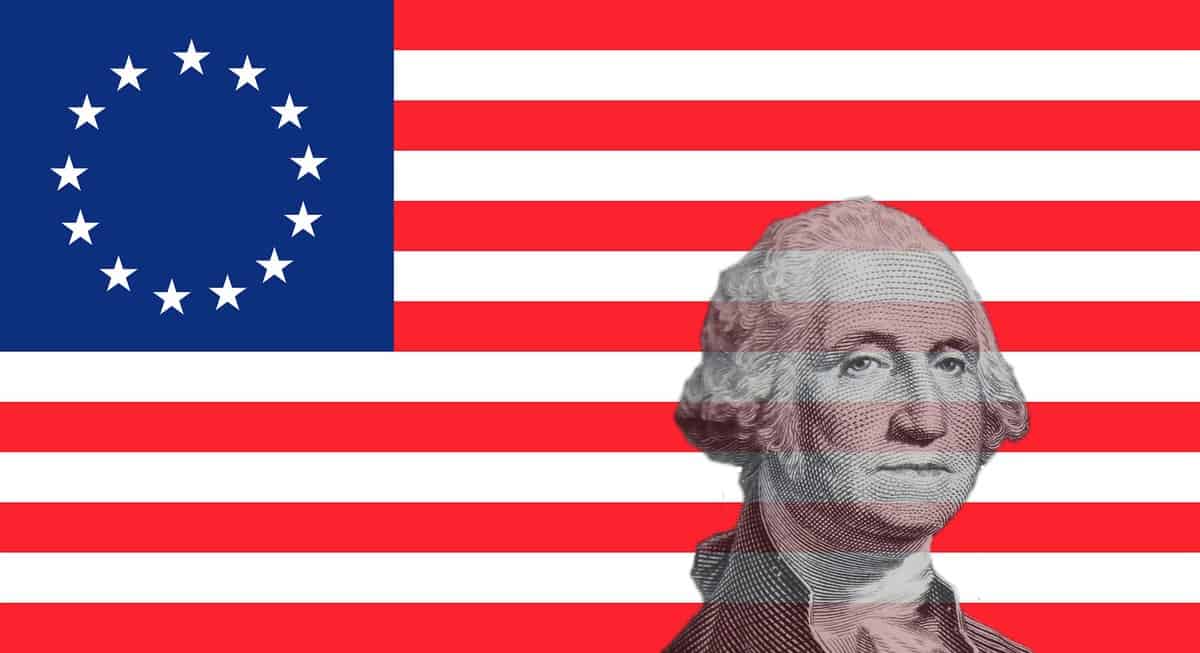 image of George Washington superimposed on top of 13 star flag