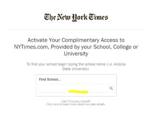 screen shot from New York Times to activate account with yellow highlight in search box