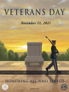 image of Army soldier with gun marching in front of tomb of unknown soldier & says Veterans Day, November 11, 2021