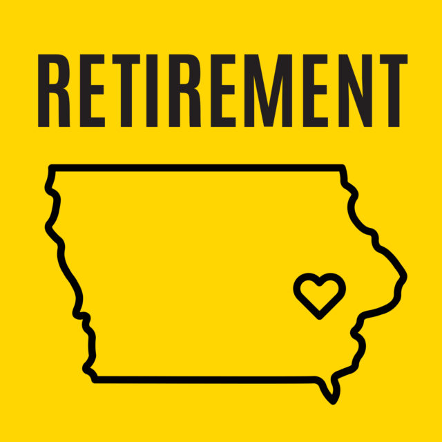 says retirement in black with outline of state of Iowa and heart near Iowa City on gold