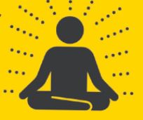 black figure in yoga pose on yellow background with dots in sunburst pattern around figure