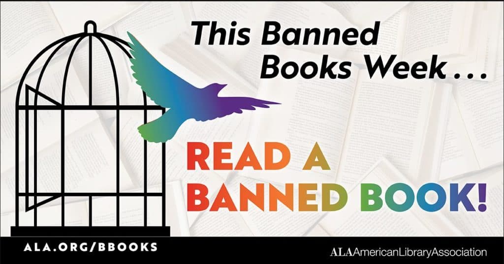 Bird flying out of cage says read a banned book
