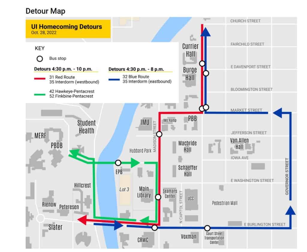 map of cambus route changes see https://transportation.uiowa.edu/articles/2022/10/cambus-service-alert-routes-31-32-33-35-42-52-impacted-due-ui-homecoming-parade for information