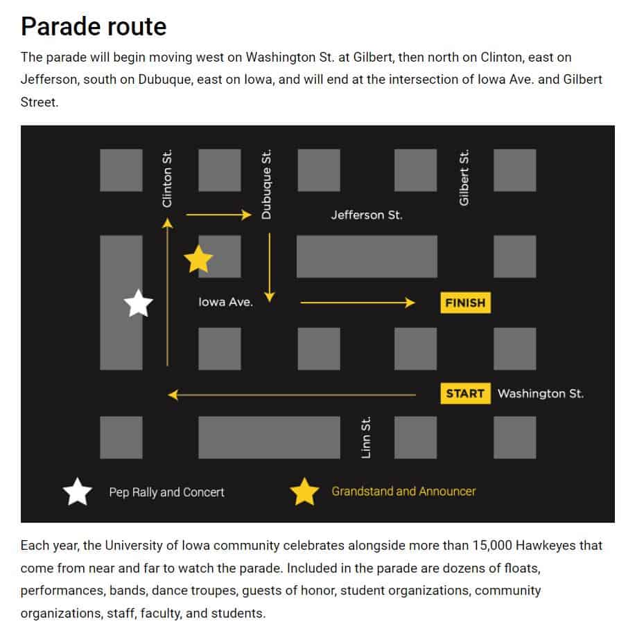 map of downtown streets closed for parade see https://homecoming.uiowa.edu/parade