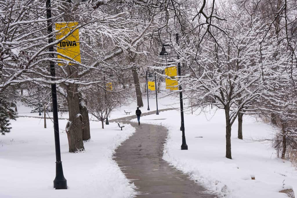 campus walkway covered in snow