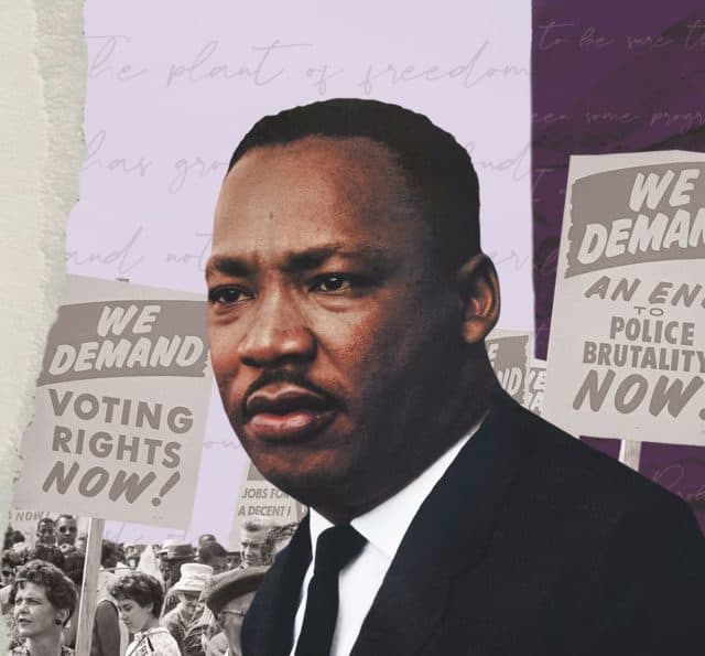 image of Dr. Martin Luther King in front of signs