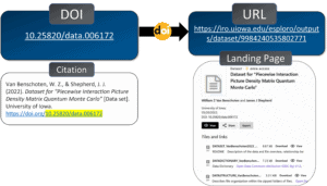 Diagram with DOI and corresponding citation on the left, and URL and corresponding landing page on right. 