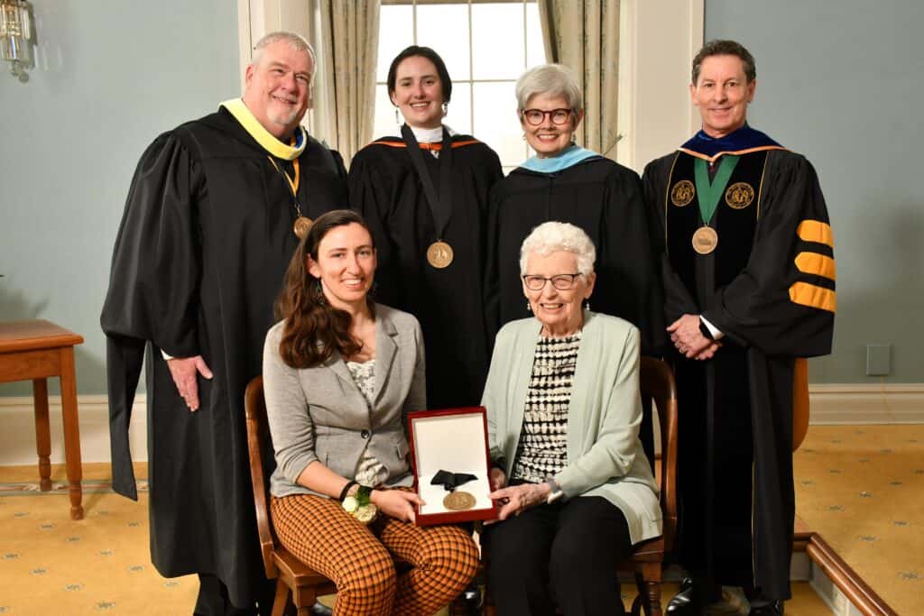 Members of the University of Iowa and local community gathered at the Old Capitol to celebrate the investiture, or official appointment, of Kate Orazem as the Jean Lloyd-Jones and Michal Eynon-Lynch Iowa Women’s Archives Women in Politics Archivist.