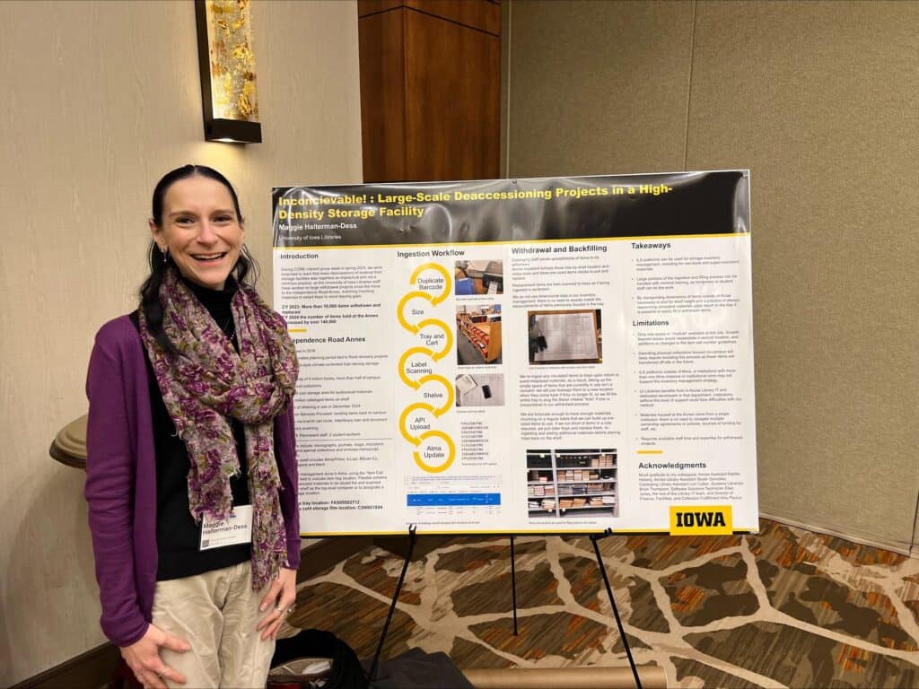 Maggie Halternman-Dess stands in front of a poster titled "Inconceivable! Large-Scale Deaccessioning Projects in a High-Density Storage Facility"