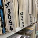 vinyl records on shelves